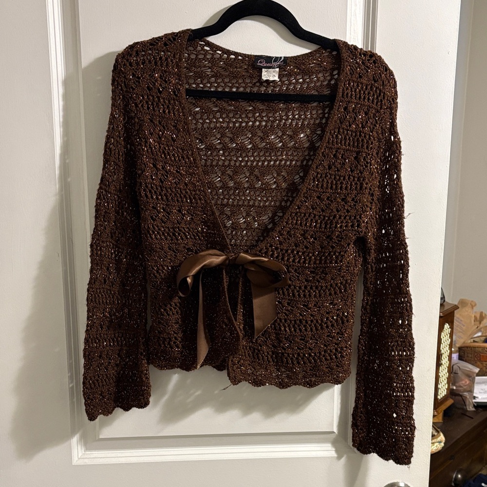 Chocolate Brown with gold specs Open-Knit Cardigan with Ribbon Tie petite large